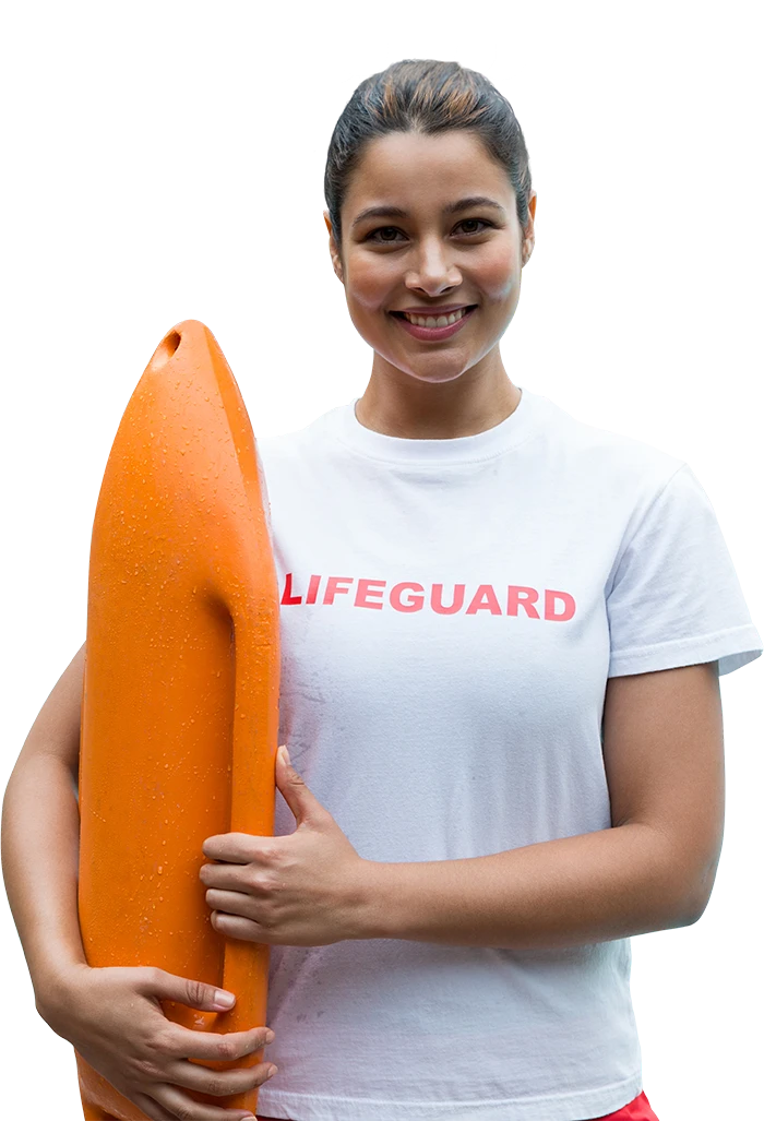 Female lifeguard smiling with a flotation device
